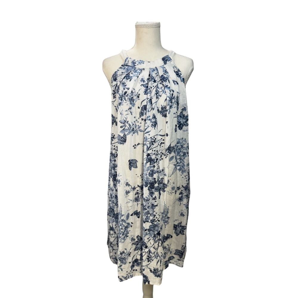 Italian Linen Trapeze Dress Ecru Blue Toile Floral Tie Neck Lined S/M Resort - Picture 7 of 14